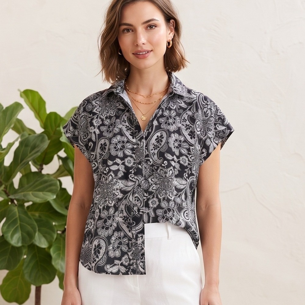 Nautica Button Down Shirt Womens Small Navy‎ NWT Paisley Cap Sleeve N61AD209